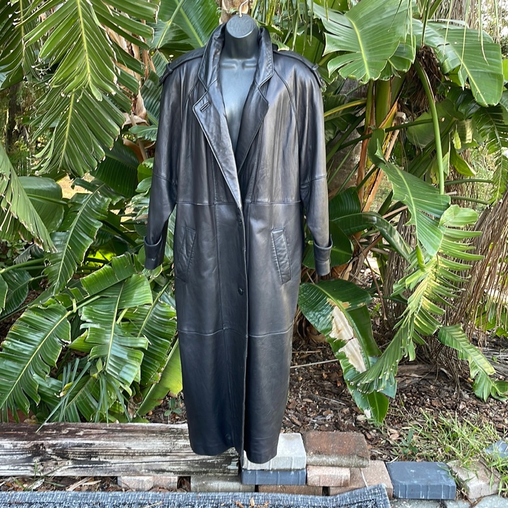 Vintage leather mid/axi longline 80s trench coat